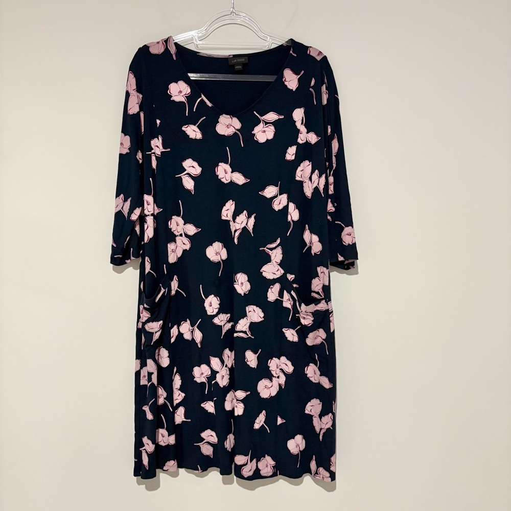 J. Jill Wearever Floral Pink Navy Blue Dress 3/4‎ Sleeve pockets Large